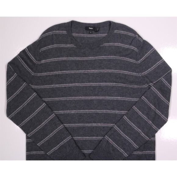 Theory Riland Model Men's Gray Knit Striped Merino Wool Crewneck Sweater XL - Picture 2 of 6